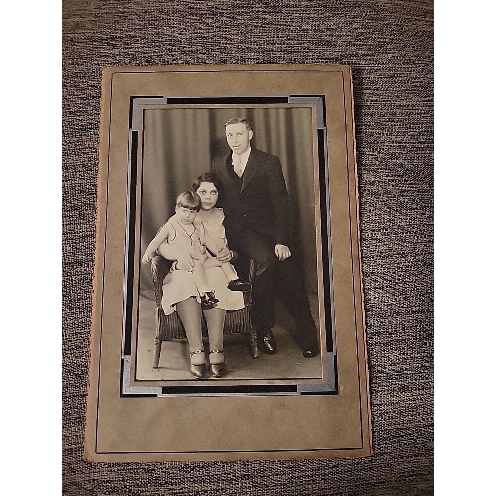 Vintage 1920s Family Photograph Creepy Stare On Hardboard 5.5x 8 In Child Couple